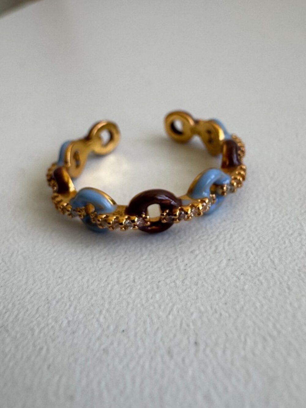 925 Sterling Silver Gold Plated Enamel Ring w/ Zirconia Open Adjustable Dainty - Picture 2 of 6